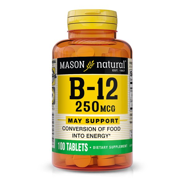 MASON NATURAL Vitamin B12 250 mcg with Calcium - Healthy Conversion of Food into Energy, Supports Nerve Function and Health, 100 Tablets