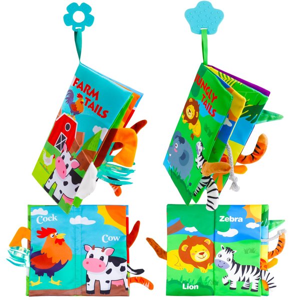 YATAOME Baby Soft Cloth Crinkle Books Early Education Interactive Stroller Car Seat Sensory Toys with Tails Newborn Development Gifts for 0-6 Months Infants Toddler Baby Boys Girls(Jungle & Farm)