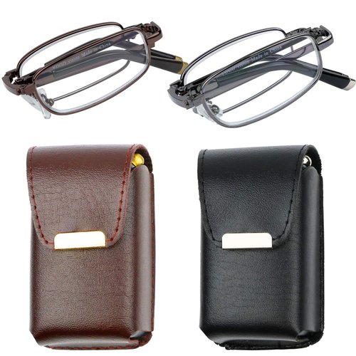 Success Eyewear Reading Glasses Set of 2 Fashion Folding Readers with Leather Cases Brown and Gunmetal Glasses for Reading for Men and Women +1.5