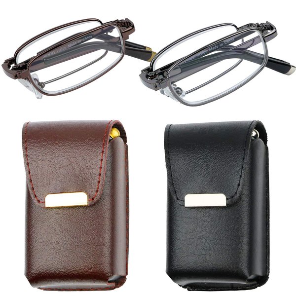 Success Eyewear Reading Glasses Set of 2 Fashion Folding Readers with Leather Cases Brown and Gunmetal Glasses for Reading for Men and Women +1.5