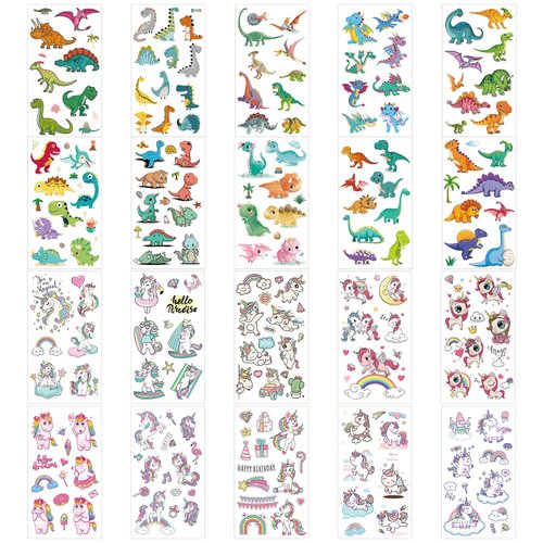 KINBOM 20 Sheets Tattoos for Kids, Temporary Tattoos for Kids Girls and Boys Cute Dinosaur Tattoos Fake Cartoon Tattoo for Birthday Party Favors