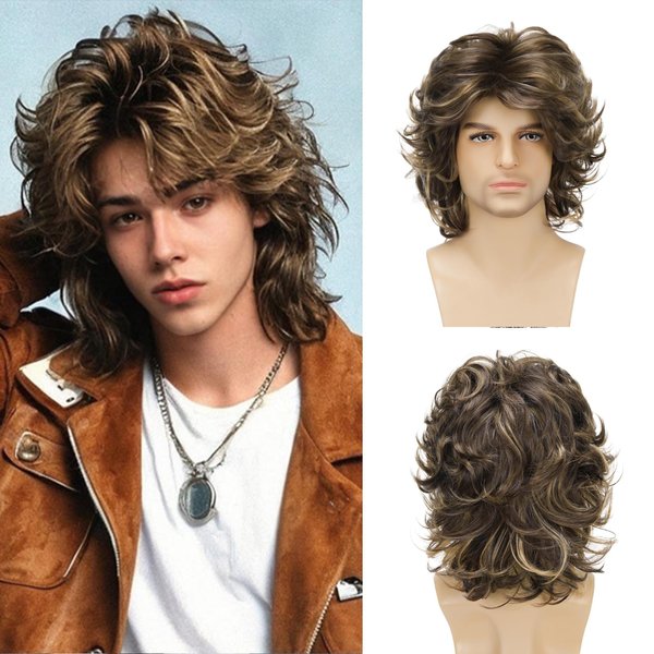 Daiaces Mens Wigs 80s Brown Mix Blonde Fluffy Wavy Layered Wig,Cosplay Rocker Party Halloween Costume Synthetic Hair