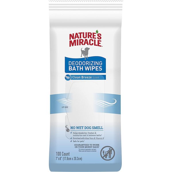 Nature's Miracle Deodorizing Bath Wipes for Dogs, 100 Count, Clean Breeze Scent