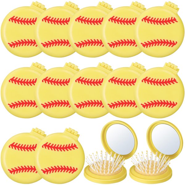Blushtier 12 Pcs Softball Foldable Travel Mirror Hair Brushes Round Portable Folding Pocket Hair Brush Mini Hair Comb with Compact Makeup Mirror for Women Girls Softball Team Gift Sport Party