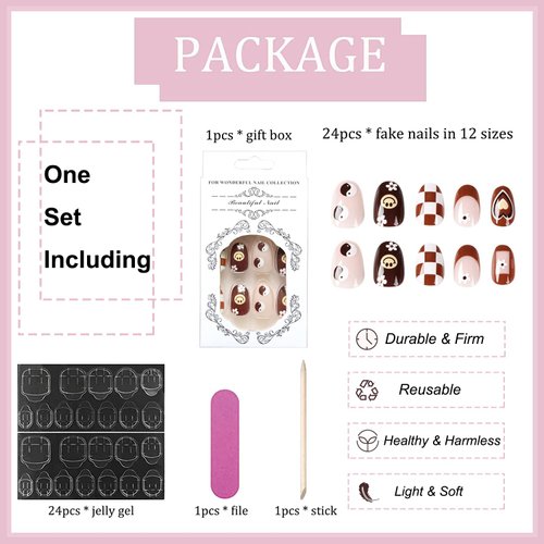 KOLONAMS Flower Press on Nails Short Almond Shape Brown Fake Nails Flowers Hearts Lattice Tai Chi Smiley Face Design Acrylic Artificail French False Nails Full Cover Glue on Nails for Women 24 Pcs