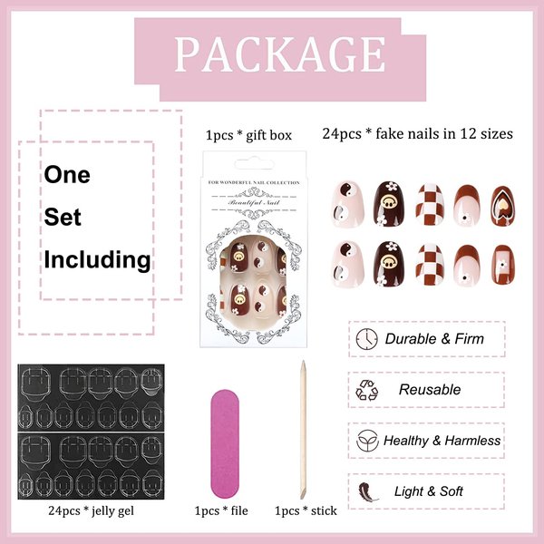 KOLONAMS Flower Press on Nails Short Almond Shape Brown Fake Nails Flowers Hearts Lattice Tai Chi Smiley Face Design Acrylic Artificail French False Nails Full Cover Glue on Nails for Women 24 Pcs