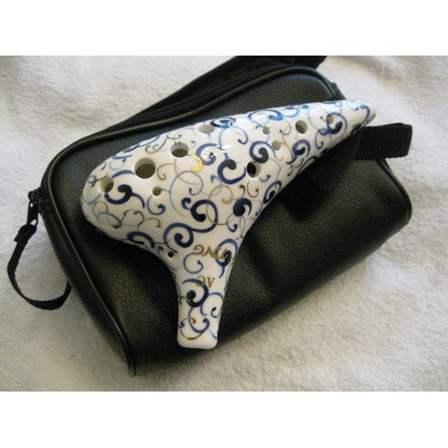 Exquisite Ceramic Ocarina Alto C, with artful blue and genuine gold curly ornate floral tendril. High temperature kiln treated. with PU leather dual zipper bag.