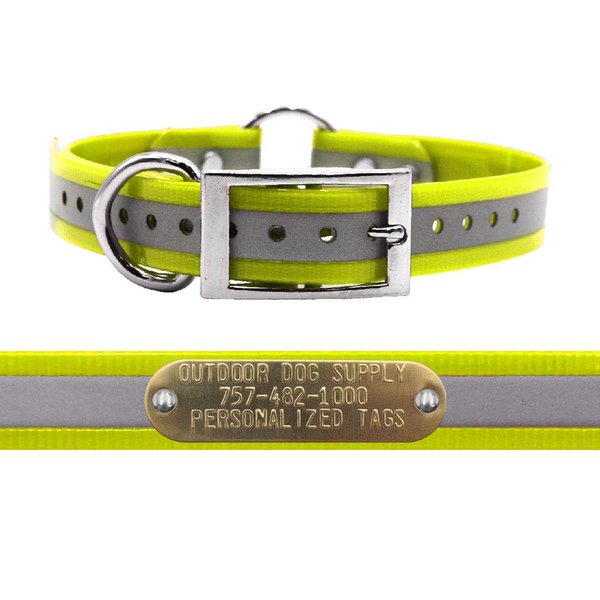 Outdoor Dog Supply's 1" Wide Reflective Ring in Center Dog Collar Strap with Custom Brass Name Plate (18" Long, Reflective Yellow)