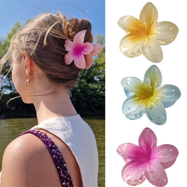 3pcs Frangipani Flower Acrylic Hair Clip for Women Summer Flowers Hair Accessories Yellow Blue Pink Floral Hair Claw Clips Hawaii Hair Barrettes Alligator Clips for Thick Hair and Thick Hair
