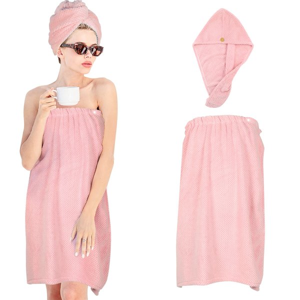 TOCOHO Women Microfiber Bath Wrap Towel and Hair Drying Towel - Adjustable Soft Body Wraps Dress with Hair Towel, Super Absorbent to Quick Drying Hair and Body (Pink)