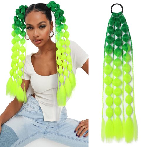Colored Hair Extensions, Behufun 20" Lightweight Colored Hair Extensions for Kids Bubble Ponytail Extension with Hair Tie, Ombre Crazy Hair Day Accessories for Girls for EDC Festival Rave B43