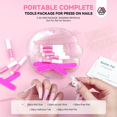 SAVILAND 20PCS Press on Nail Tool Kit: Nail Prep Kit with Nail Glue, Adhesive Tabs, Mini Nail File, Acrylic Sticks, Prep Pads for Press on Nail Art Starters Press On Nail Packaging for Salon Business
