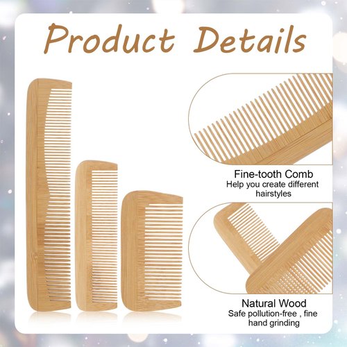 3 Pcs Wooden Comb, Fine Tooth Combs for Women, Anti-Static Wood Combs for Men, Natural Bamboo Comb, Family of Hair Comb Set for Straight Hair, Curly Hair, Beard