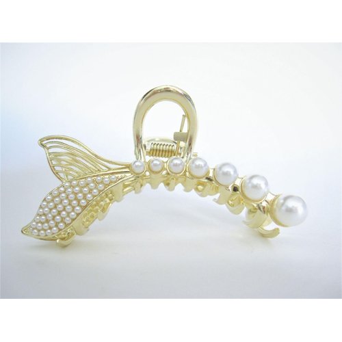 Gold metal and pearl leaf shaped hair claw clip for medium fine hair