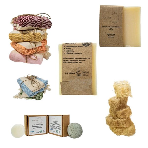 LABUES Natural Handmade Gift Set - Travel Size Shampoo Bar and Conditioner-10-15 hair washes, Hand Made Chamomile & Lavender Baby Soap, Natural Loofa and Turkish Face Towel – Eco Friendly