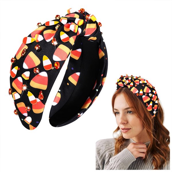 HEIDKRUEGER Halloween Headbands for Women Rhinestone Knotted Headband Printed Corn Bat Embellished Hairband Halloween Hair Accessories (Corn Charm)