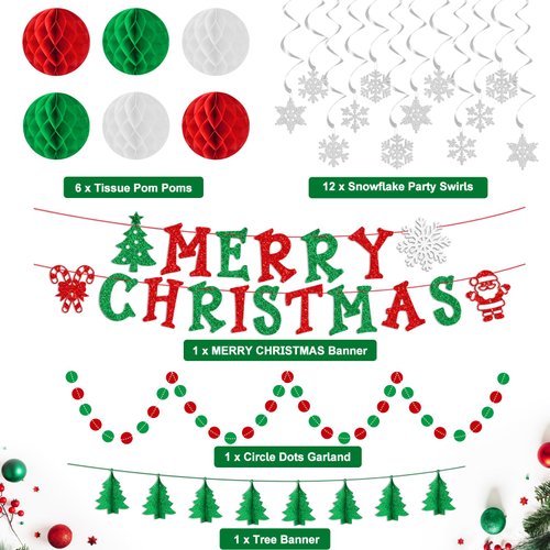 Christmas Party Decorations Happy Christmas Paper Banner with Merry Christmas Paper Banner Set, Christmas Honeycomb Ball Hanging Decorations and Spiral Decorations Indoor Outdoor Decor