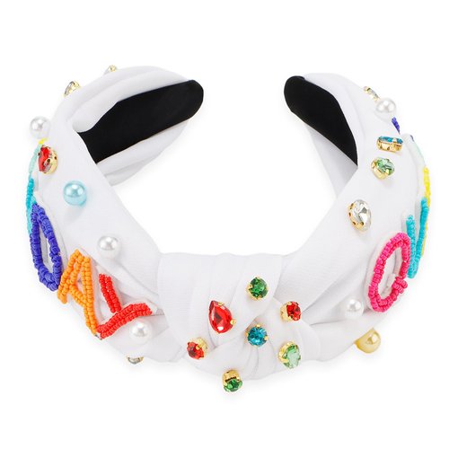 Canitor Birthday Queen Headband for Women Girls Gifts Colorful Beaded Knotted Headband for Women' Hair Rhinestone Top Knot Headband Crown Party Decorations (white)