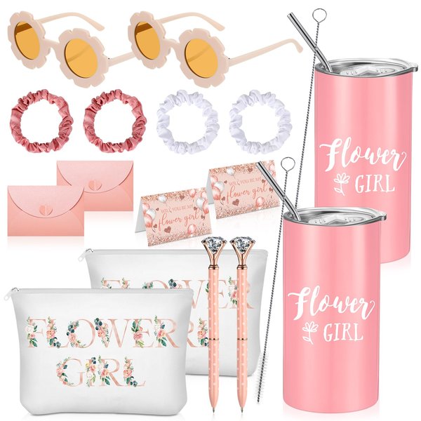 Sieral 16 Pcs Flower Girl Proposal Gifts Flower Girl Tumblers with Straws Be My Flower Girl Card with Envelope Canvas Makeup Bag Sunglasses Hair Scrunchies Diamond Pen for Wedding Bridal Shower (Pink)