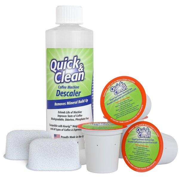 Quick & Clean 4-Pack of Cleaning Cups + 2 Filters with Descaler Bundle (2 Total Uses) - 2.0 Compatible, Descaling Solution for Keurig, Nespresso, Ninja, Delonghi, All Coffee and Espresso Machines…
