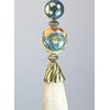 Long Blonde Light Wood with Cream & Metallic Green Iridescent Glass Ceiling Fan Pull Chain