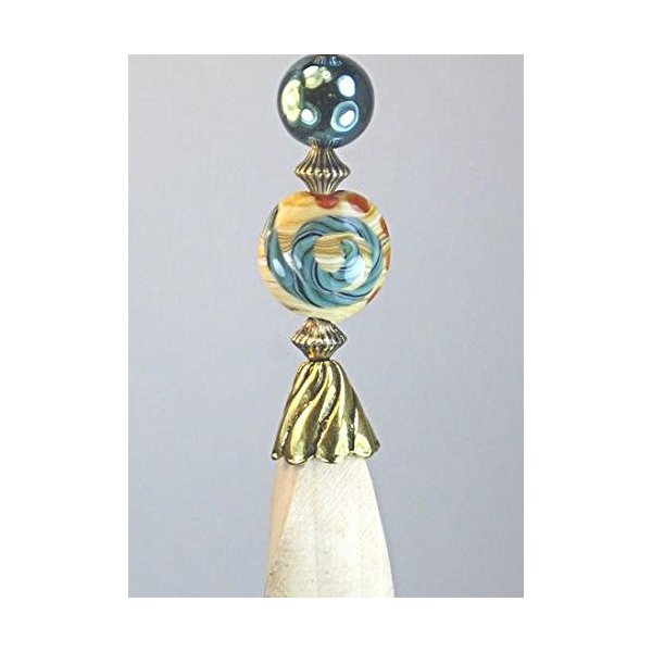 Long Blonde Light Wood with Cream & Metallic Green Iridescent Glass Ceiling Fan Pull Chain