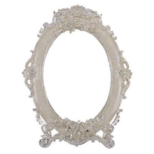 Nerien Decorative Vintage Tabletop Mirror, Retro Metal Countertop Vanity Makeup Mirror, Rose Embossed Antique Oval Coquette Mirror with Stand for Home Bedroom Dressers Living Room Bathroom, White