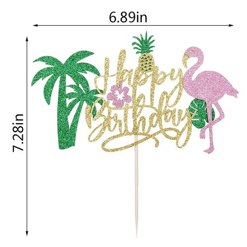 PALASASA Glitter Flamingo Happy Birthday Cake Topper,Hawaiian Luau Tropical Pineapple Theme Kids Boys Girls Party Decoration Supplies