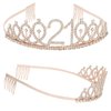KICOSY 21st Birthday Crowns and Sashes for Women, Birthday Sash Princess Tiara Headband Elegant Rose Gold Crown with Combs for Girls Crystal Tiaras Birthday Headpieces for Party Hair Accessories Gifts