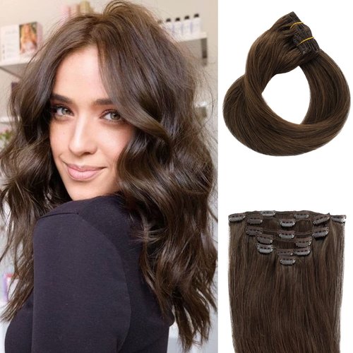 Clip ins Human Hair Extensions, OiMiGO Clip in Extensions, 4 Medium Brown Silky Straight Hair Extensions Invisible Clips 7 Pieces 20 Inch 70g Real Remy Human Hair Clip on Extension