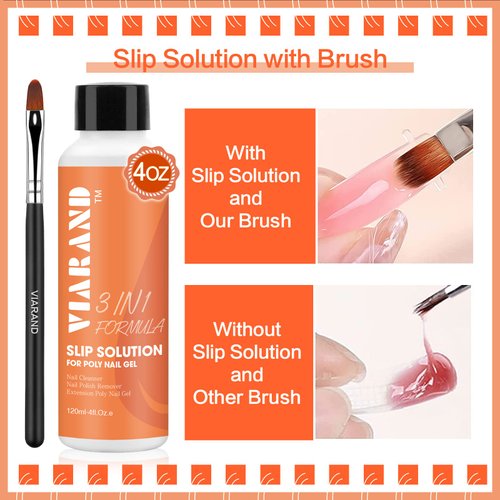 Viarand Poly Gel Slip Solution 4oz Extension Gel for Poly Gel Nails Anti-Stick Poly Gel Slip Solution with brush, nail and brush cleaner Design Poly Gel Nails at home