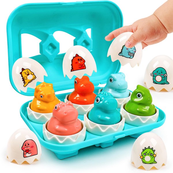 Dinosaur Matching Eggs Toys for Toddlers- Montessori Sensory Fun Educational Learning Fine Motor Puzzle Matching Games Best Easter Basket Stuffers Birthday Gifts for 1-3 Years Old Boys Girls