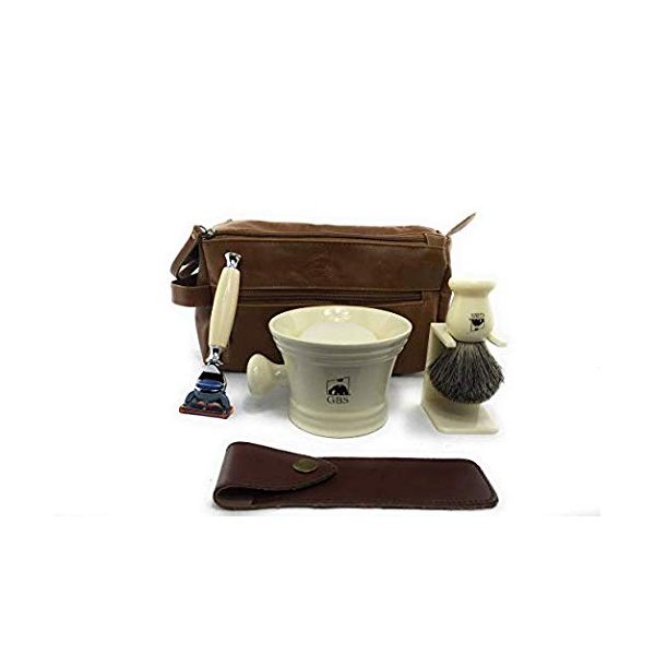 G.B.S Men's Deluxe Grooming Ivory Set- 5 Blade Razor with Case, Synthetic Bristle Brush and Stand, 4.5in Diameter Ceramic Mug, Toiletry Travel Bag ahd Natural Glycerin Shave Soap