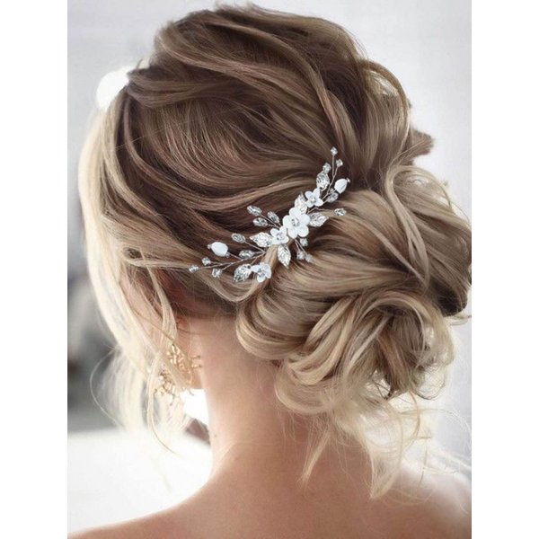 Unicra Bride Silver Wedding Hair Comb Flower Bridal Side Comb Sparkly Crystal Hair Piece Leaf Hair Accessorie for Women and Girls