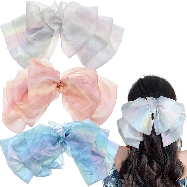 3 PCS Fantasy Color Chiffon Big Bow Hair Clip,Big Bowknot Hairpin French Hair Clips with Long Ribbon Solid Color Hair Barrette Clips Soft Mesh Fabric Hair Bows for Girls Women