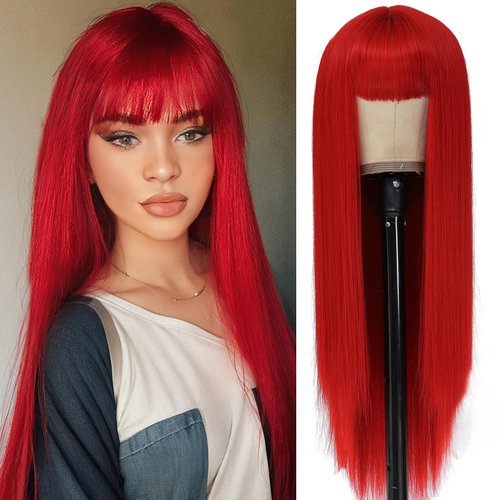 MINSEEYOO Long Red Wig with Bangs for Women Straight Hair Wigs Red Wigs Heat Resistant Synthetic Wigs