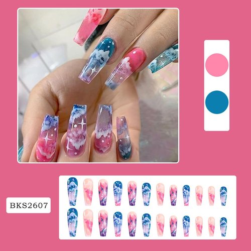 Long Coffin Press on Nails, Colorful Clouds Fake Nails, Blue Halo Dyeing False Nails, Glossy Glue on Nails, Stars Artificial Nails, Cute Full Cover Nails Summer Acrylic Nails Tips for Women 24Pcs