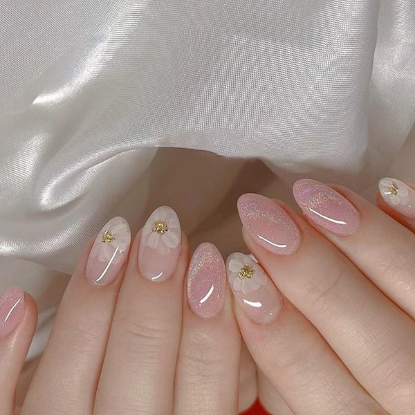 24 Pcs Flower Press on Nails Short Oval Pink Fake Nails with Cat Eye Designs Golden Foil Flowers False Nails Glue on Nails Full Cover Floral Acrylic Nails for Women Girl Reusable Nail Supplies