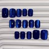 Glitter Press on Nails Short Square Fake Nails Cat Eye False Nails with Design Blue Acrylic Nails Artificial Glue on Nails Full Cover Stick on Nails for Women Girls Manicure Art 24Pcs