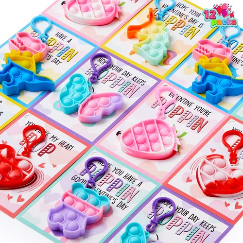 JOYIN 12 Packs Valentine's Day Cards with pop Fidget Keychain Toys, Stress Anxiety Relief Fidget Toys with Cards for Kids Valentine's Classroom Exchange Prizes, Valentine's Day Party Favors