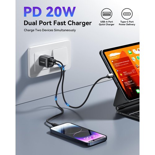 ESSAGER USB C Charger Block 20W 2 Pack Dual Port PD Power Adapter Fast Wall Charger for iPhone 15/15 Pro Max/14/13/12, iPad/iPad Mini, MacBook Pro/Air, Black