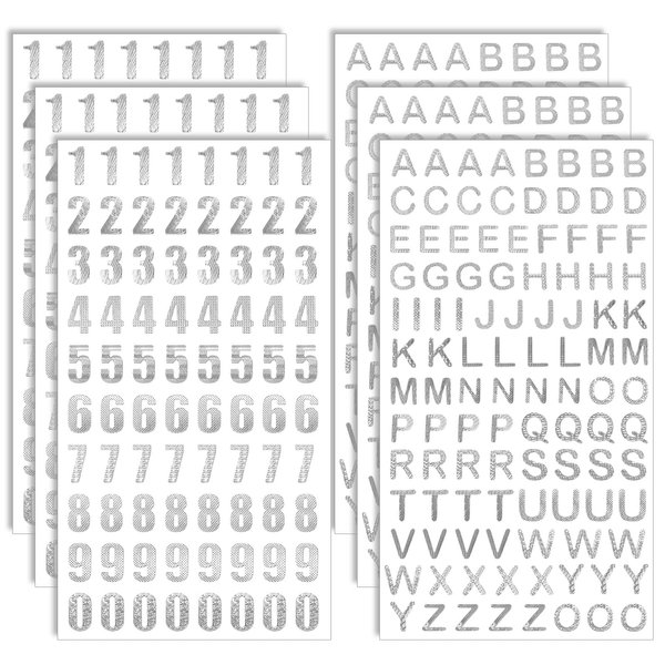 BLMHTWO Sliver Glitter Letter & Number Stickers, 6 Sheets PET, DIY Gift Wrapping, Scrapbooking, Greeting Cards, Calendars