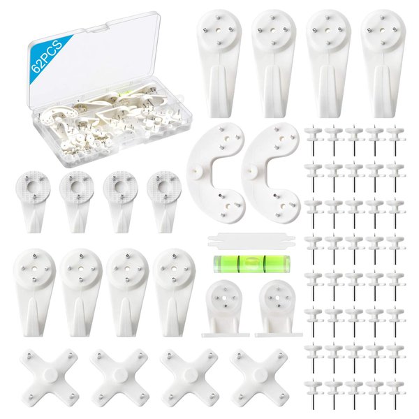 Picture Hanging Kit, 62PCS Hardwall Hangers for Cinder Block, Picture Hanger, Invisible Nail Hangers, No Damage Wall Hangers for Photo Frame Art Painting Non-Trace Drywall Stucco Concrete Hooks