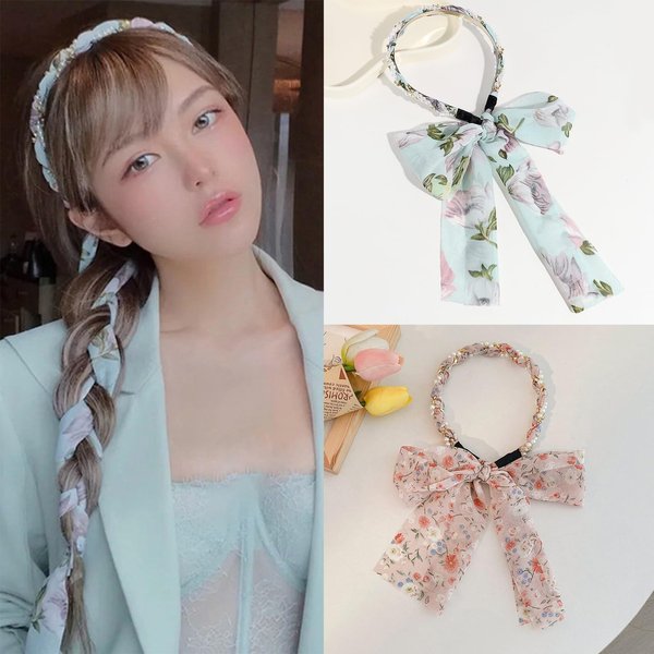 mdgfge Long Ribbon Headband Bow Hair Bands with Floral and Pearl Hairband Fashion Non-Slip Beach Ribbon Satin Fabric Scarf Head Band Ponytail Hairpin Magic Hair Clips for Women Girls Party Prom(2Pcs)