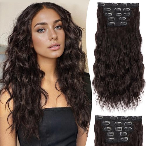 ALXNAN Clip in Hair Extensions, 16" Drak Brown Thick Long Mermaid Waves Hair Extensions Invisible Lace Weft Soft Hairpieces For Women