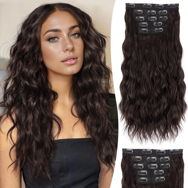 ALXNAN Clip in Hair Extensions, 16" Drak Brown Thick Long Mermaid Waves Hair Extensions Invisible Lace Weft Soft Hairpieces For Women