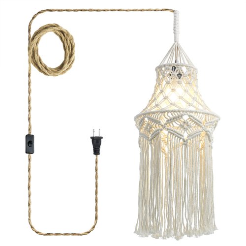 Boho Lamp Plug in Pendant Light, 15 FT Hanging Lights with Plug in Cord, Hanging Lamp with Handmade Macrame Lamp Shade, On/Off Switch, Hanging Light Fixture for Bohemian Decor Bedroom Living Room