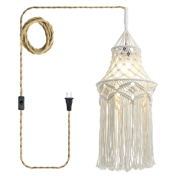 Boho Lamp Plug in Pendant Light, 15 FT Hanging Lights with Plug in Cord, Hanging Lamp with Handmade Macrame Lamp Shade, On/Off Switch, Hanging Light Fixture for Bohemian Decor Bedroom Living Room
