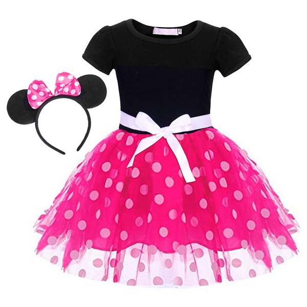 WonderBabe Toddler Girls Polka Dot Party Fancy Costume Birthday Tutu Dress Up Dance Leotard Gymnastic Cosplay Gown with 3D Ear Headband (Pink, 4-5 Years)