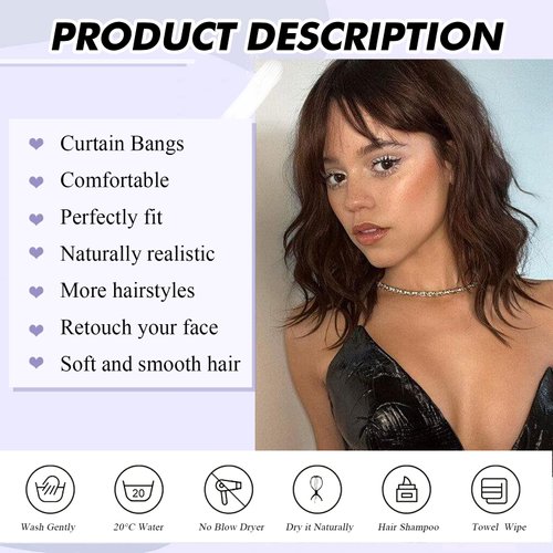 Dark Brown Wavy Bob Wig Natural Brown Curly Bob Wig with Curtain Bangs for Black Women,Synthetic Short Brown Curly Bob Wigs with Bangs Bob Curly Wavy Wig Shoulder Length Wig for Daily Use 4#